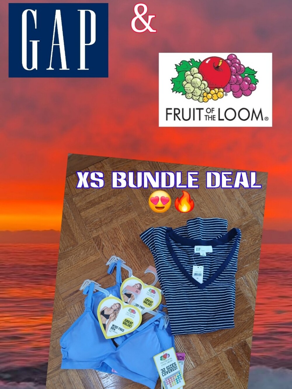 GAP x Fruit of the Loom XS Bundle - Blue Striped Tee + Light Blue Bras